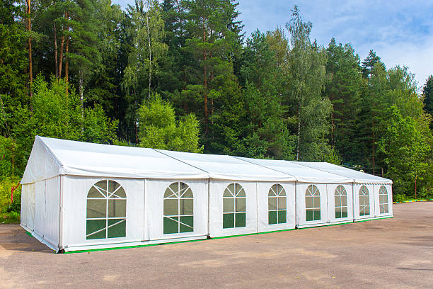White banquet tent assembled and ready for use